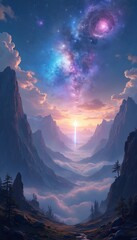 Wall Mural - dramatic mountain valley filled with soft clouds, leading to bright glowing portal under vibrant cos