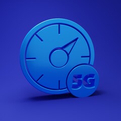 Wall Mural - blue digital speed meter concept with 5g icon isolated on blue background. global network high speed
