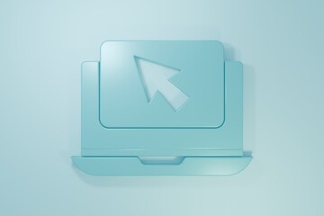Wall Mural - Blue Laptop and cursor icon isolated on blue background. Computer notebook with empty screen sign. Minimalism concept. 3D render illustration