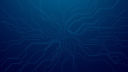 Wall Mural - Tech circuit board pattern on technology blue background. Abstract digital AI innovation concept. Modern tech template for web, banners, and presentation cover bg. Futuristic vector illustration.