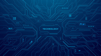 Wall Mural - Digital template for tech presentation background or web banner. AI circuit board in electric blue color on dark bg. Technology innovation concept. Abstract vector illustration with text.