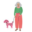 © Anna Volkova - Elderly woman walking pink poodle dog illustration, vector old lady with dog