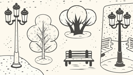 Wall Mural - Illustration of a park scene with trees benches and lampposts in a vintage style drawing design