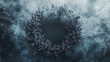 © rizky - Winter wreath of pine needles shrouded in mist with a backdrop of dark, moody atmospheric clouds for a festive holiday or Christmas theme
