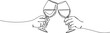 © Christian Horz - continuous single line drawing of two hands holding and clinking wine glasses, symbolizing a toast to celebrate, line art vector illustration