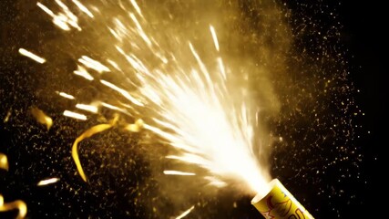 A party popper exploding golden sparkles against a black background
