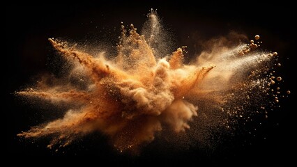 Wall Mural - abstract brown powder explosion in mid-air against a dark background, captured with dynamic motion.