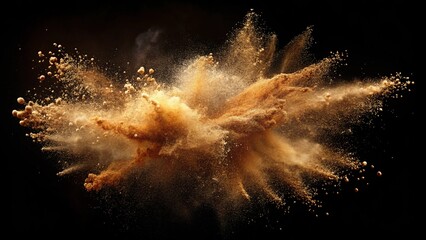 Wall Mural - abstract brown powder explosion in mid-air against a dark background, captured with dynamic motion.