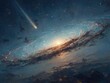 © Vee - and keyword list based on the image provided Galaxy Swirls, Stars Shine, Comet Streaks Across Open Cosmos in Starlight Glow.
