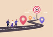 © nadzeya26 - Business Way Concept. Vector cartoon illustration of a group of people in business suits walking along a road with different tasks towards a final goal at the end.