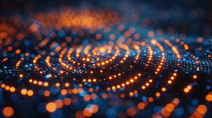Abstract swirling pattern of glowing orange and blue dots.