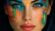 © Sahiba - Close up of a woman's face with vibrant abstract colorful paint strokes across her cheeks and eyes