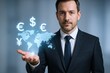 © The Little Hut - Global Finance and Investment Concept: A Businessman Holding Digital World Map with Currency Symbols