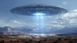 © ikk - A large, metallic, disc-shaped spacecraft hovers over a desolate landscape, emitting a bright beam of light towards a body of water nestled within a mountain range under a mostly clear sky