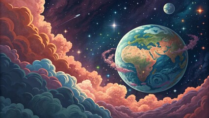 Wall Mural - a vibrant illustration of planet earth floats amidst an abstract cosmic landscape.