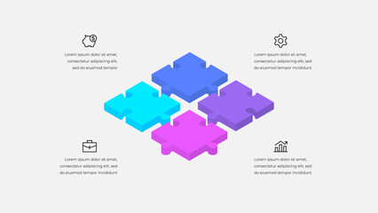 Wall Mural - isometric illustration of four interconnected puzzle pieces symbolizing teamwork, strategy, and solu