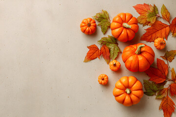 Poster - Orange pumpkins and autumn leaves on beige background