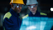 © DOUGLAS - Engineers holographic display safety helmet protective glasses uniform teamwork technology industrial futuristic planning