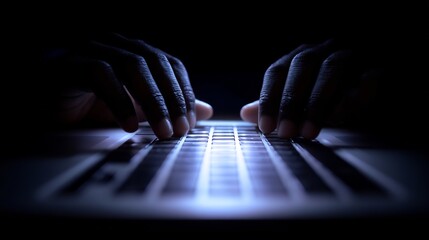 Hands typing on illuminated laptop keyboard in a dimly lit room with a digital futuristic vibe.