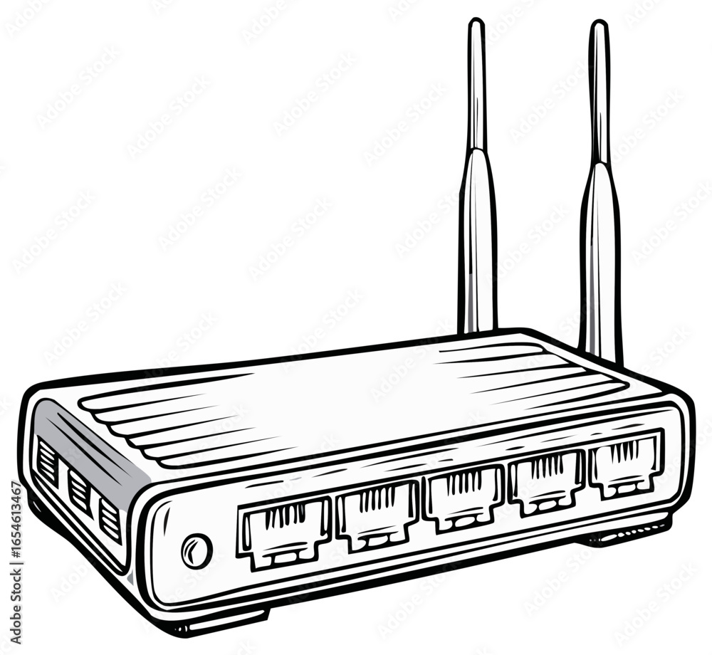 Wireless router with multiple ports and antennas line drawing vector ...