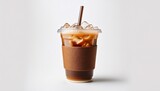 iced coffee in a plastic cup with a straw and a sleeve on a white background centered in the image