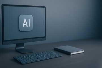 Wall Mural - ai on the horizon: a modern workstation featuring a sleek computer screen, a notepad, and a keyboard