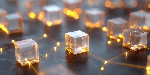 Wall Mural - digital networking concept with glowing cubes and connections representing technology, data, and com