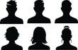 © Mam's Creations - Minimalist black silhouette avatars of diverse male and female heads with various hairstyles, simple forward‑facing profile icons for design