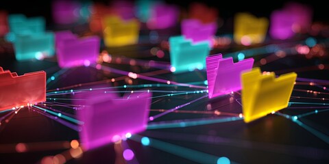 Wall Mural - colorful digital folders connected through a network of glowing lines representing data sharing and 