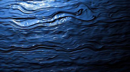 Wall Mural - Smooth, flowing, dark blue waves create serene and calming atmosphere, reminiscent of deep ocean waters. texture and light reflections enhance visual depth and intrigue
