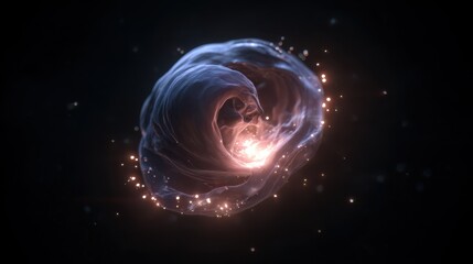 Wall Mural - Medical animation showing a fetus glowing inside a womb, surrounded by floating particles and light flares, providing a visual representation of life developing