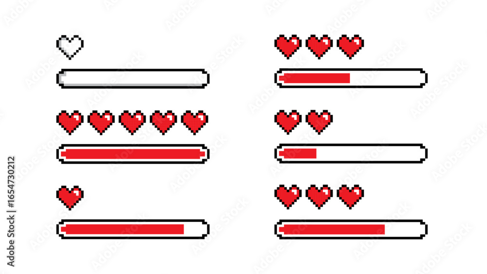 Game life pixel bar vector art 8 bit health heart bar gaming controller ...
