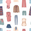 © MicroOne - Clothes seamless pattern. Stylish shorts, pants, jeans. Dress and jacket, fashion vest. Isolated trendy outfit elements, print, vector background