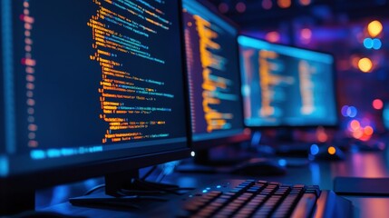 Multiple computer monitors display lines of colorful code in a dimly lit, high-tech environment with blurred background lights.