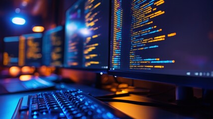 Multiple monitors display colorful lines of programming code in a dimly lit room, with a keyboard in the foreground highlighting a coding or software development environment.