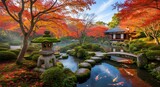 Photo of japanese garden in autumn with koi pond