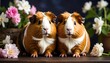 © yoks - Two adorable guinea pigs sit amongst a bouquet of spring flowers, showcasing a charming and serene springtime scene.
