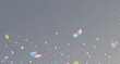© Liubov - Holographic confetti falling on transparent background. Rainbow light hologram. Prism lens. Shiny festive decor. Crystal texture. Party celebration frame. Glamour design. Vector Illustration