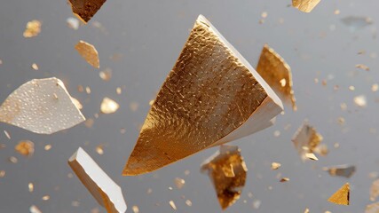 Sticker - surreal abstract artwork featuring floating gold and white shards in dynamic composition