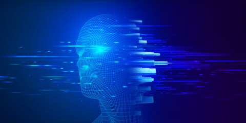 Blue Futuristic Gears & AI Brain with Industrial Light Effects - Exhibition Panel Background