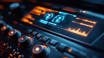 Futuristic Digital Interface with Glowing Orange and Blue Elements, Control Knobs, and Data Visualization