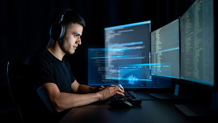 Focused Programmer Immersed in Code Wearing Headphones Coding on Multiple Monitors in Dark Environment