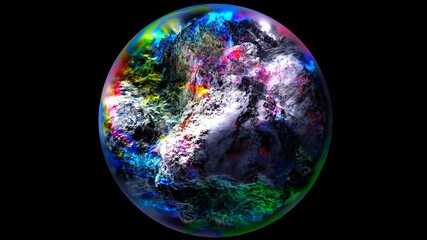 Wall Mural - 3d render of abstract art video animation glass ball with organic bacteria shape stone rock coral reef inside in deformation transformation process in white purple and blue colors on black background