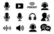© Denis - Podcast icon set: microphones, headphones, and audio symbols