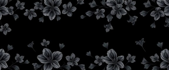 Wall Mural - Subtle grayscale abstract floral pattern on black background, seamlessly repeating, image, modern
