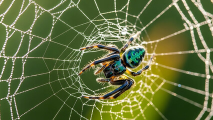 Spider on Web with Dew Drops Suspended in Air