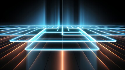 Wall Mural - Dark room with a blue and orange floor. The floor is made up of squares and rectangles