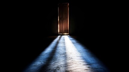 Wall Mural - Door is open in a dark room, with a light shining through it. The light casts a shadow on the floor, creating a sense of mystery and intrigue