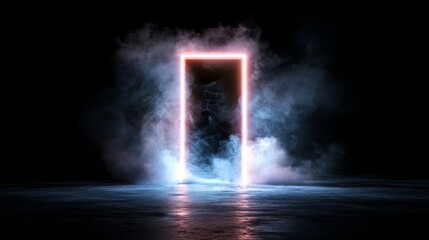 Wall Mural - glowing blue and red door is surrounded by a fog of smoke. the door is lit up and he is an entrance 