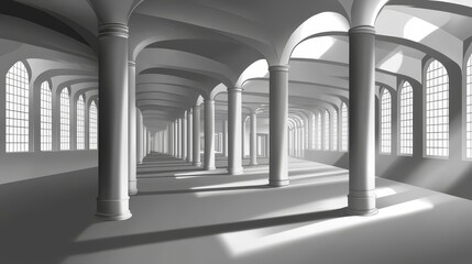 Wall Mural - Large, empty room with white pillars and windows. The room is very open and has a very clean, minimalist feel to it